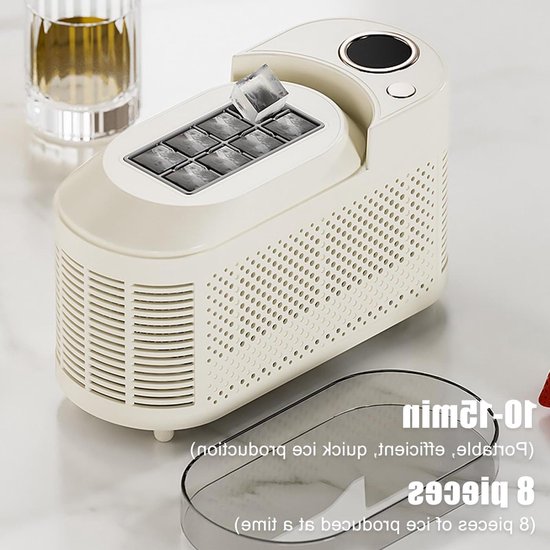 Mini IJsblokjesmaker - Compacte IJsdispenser - Snelle IJsbereiding - 8 Blokjes in 10 Minuten - 21.6 cm Lengte - Wit