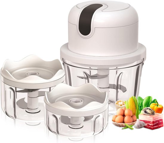 Mini-keukenmachine, 100 ml, 250 ml, 300 ml, elektrische groentesnijder met 3 scherpe messen, multifunctionele knoflookpers voor vlees, groenten en fruit