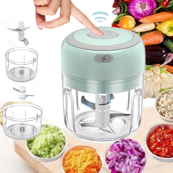 Mini keukenmachine 250 ml, vleesmolen, kleine keukenmachine met 3 roestvrijstalen messen, elektrische hakmolen, Geschikt voor vlees, groenten en fruit. van Merkloos