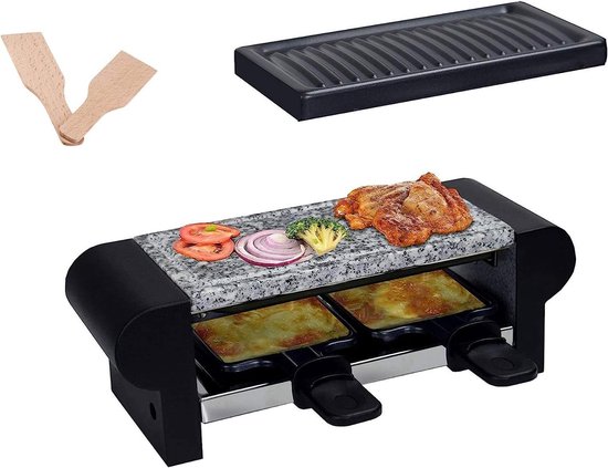 Mini Raclette Grill - Elektrisch Gourmetstel - Gezellig Tafelen - Inclusief Steenplaat - Voor 2 Personen - Zwart