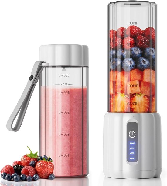 Mini Smoothie Blender - Draagbare Blender - Gezonde Drankjes Maken - 6 Roestvrijstalen Messen - 500 ml - Wit