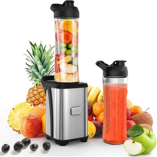 Mini Smoothie Maker - Portable Blender - Gezonde Drankjes Maken - 350W Krachtige Motor - 2x 600ML Flessen - Zilver