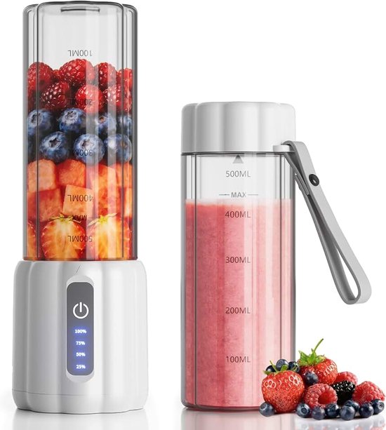 Mini Stand Mixer draagbare smoothie maker to go, 22.000 omw/min, 500 ml beker, 6 roestvrijstalen messen, blender, met reisdeksel voor kantoor, fitnessstudio, keuken