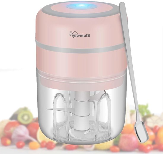 Mini Uien Snijder en Knoflookhakker, Elektrische Groente- en Vleeshakker met 3 scherpe messen voor Uien, Knoflook en Fruit, 250ml, Roze