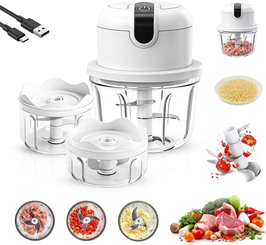 Mini-uienhakmolen, 100 + 200 + 350 ml, multifunctionele hakmolen, keukenmachine, draadloos, kleine uienhakmolen, elektrische hakmolen voor vlees, uien, groenten en fruit van MINI