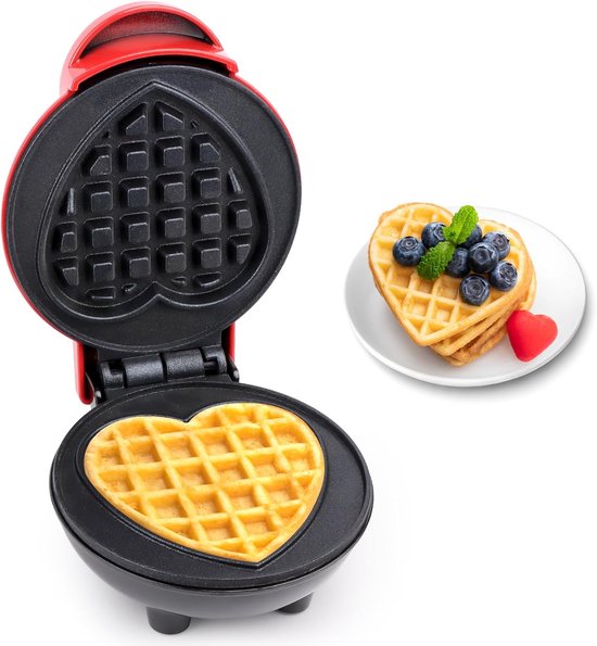 Mini Wafelijzer Hartvorm - Compacte Wafelmaker met Antiaanbaklaag - Belgische Wafels - Geschikt voor Ontbijt, Kinderfeestjes & Feestdagen