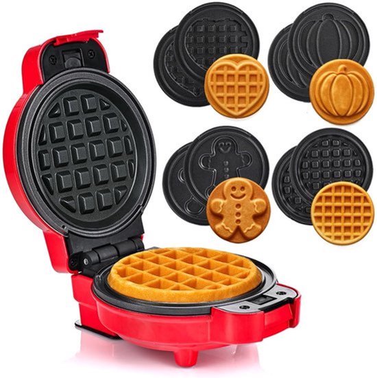 Mini-wafelijzer met wisselplaten, wafelvormen - pompoen, peperkoek, hart en klassiek, mini waffle maker met antiaanbaklaag, ideaal voor kinderverjaardagen en familiefeesten, rood