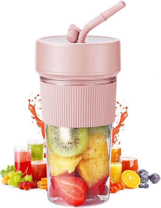 Miniblender – 350 ml Draagbare Persoonlijke Reisblender – 8,8 x 8,8 x 17,4 cm – Ideaal voor smoothies & milkshakes – Inclusief rietje – Smoothiemaker – Ontwerp met 6 messen – Geschikt voor thuis, in de keuken & op reis – Roze
