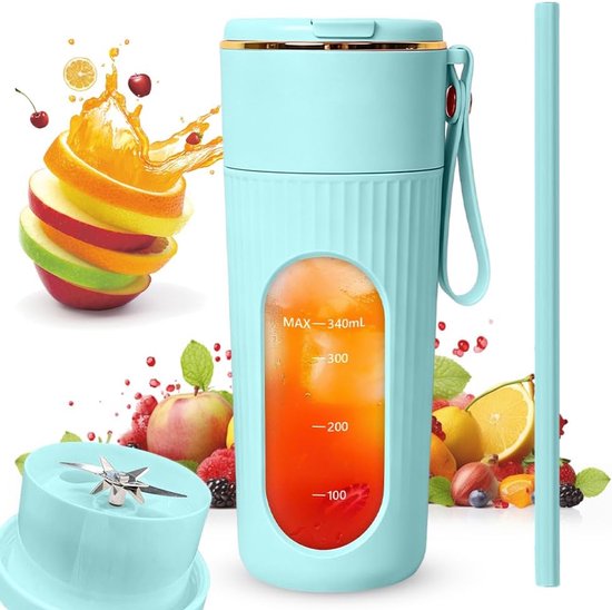 Mixer, 340 ml, persoonlijke smoothiemaker met lcd-display en 14 messen, Fresh Juice Mixer fles met drinkopening, USB-oplaadbaar, mini-mixer voor reizen, kantoor, thuis (blauw)