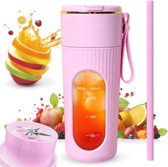 Mixer, 340 ml, persoonlijke smoothiemaker met lcd-display en 14 messen, Fresh Juice Mixer fles met drinkopening, USB-oplaadbaar, mini-mixer voor reizen, kantoor, thuis (roze)