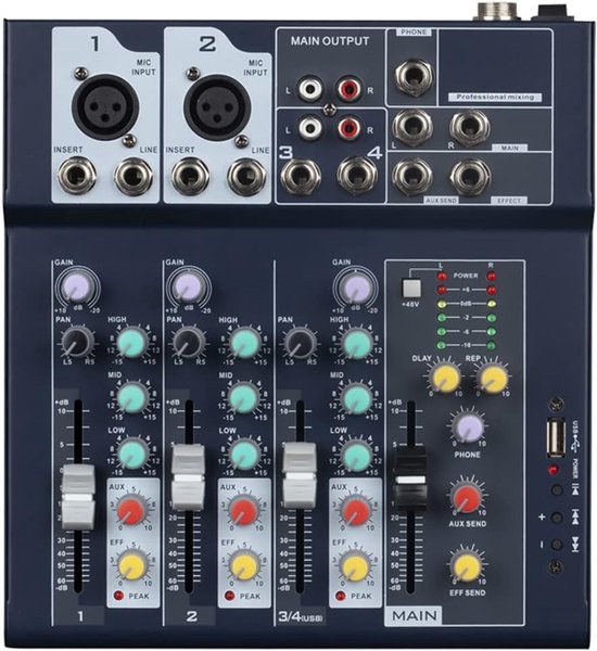 Mixer | 4-kanaals 2-busmixer met USB-ingang 48V fantoomvoeding voor opname DJ podium karaoke muziektoepassing