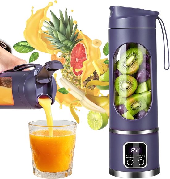Mixer, 450 ml, oplaadbare mini-blender met led-display en 12 messen, compacte smoothie maker voor shakes, sport, reizen en outdoorgebruik onderweg (paars)