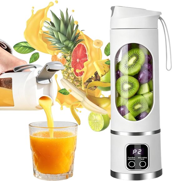 Mixer, 450 ml, oplaadbare mini-blender met led-display en 12 messen, compacte smoothie maker voor shakes, sport, reizen en outdoorgebruik onderweg (wit)