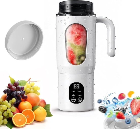 Mixer, 580 ml, persoonlijke mini-sapcentrifuge, oplaadbare smoothiemaker, met 12 roestvrije messen, 1300 mAh, elektrische USB-C, draagbare sapcentrifuge voor reizen, kantoor