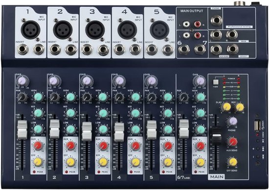 Mixer | 7-kanaals 2-Bus Mixer/w USB Audio Interface, Stereo voor opname DJ Stage Karaoke Muziek Toepassing