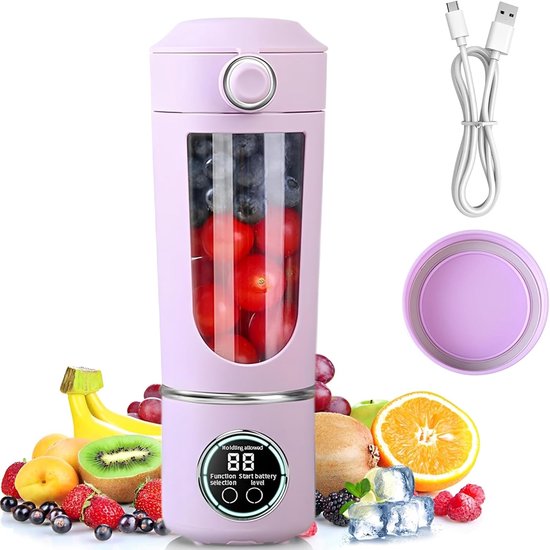 Mixer, 700 ml blender, smoothie, mini-blender met 12 roestvrijstalen messen en digitaal display, oplaadbare shakes en smoothie-maker, kleiner voor reizen, keuken, kantoor, fitness (paars)