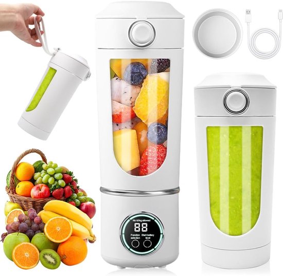 mixer, 700 ml kleine mixer smoothie, mini-blender met 12 roestvrijstalen messen en digitaal display, oplaadbare shakes en smoothiemaker voor reizen, fitness, keuken (wit)