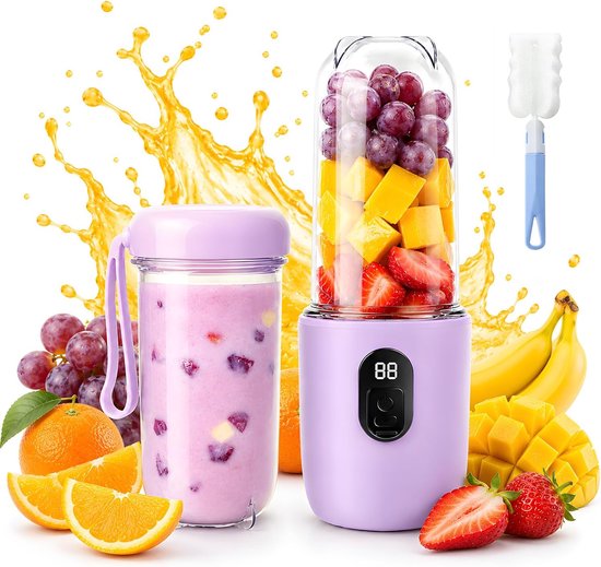 Mixer, Draagbare Mini Mixer met Digitaal Display, Oplaadbare Smoothie Maker met Reinigingsborstel, Draagbare Elektrische Mixer voor Vruchtensappen, Smoothies, Paars