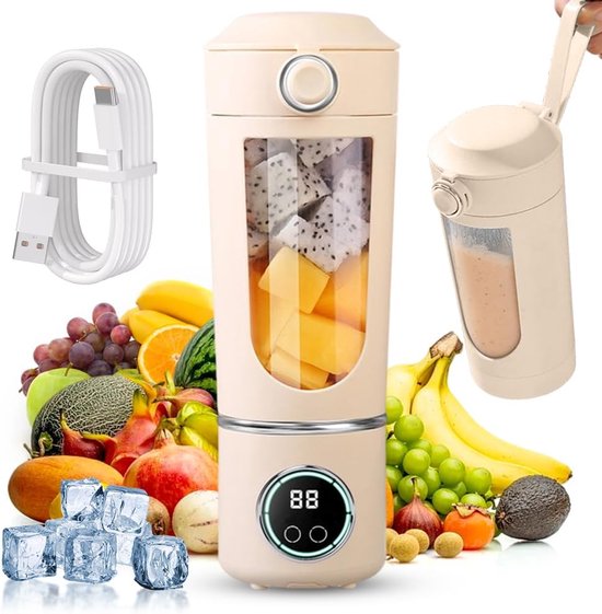 Mixer, mini-blender, 700 ml draagbare mixer smoothie maker, met 12 roestvrijstalen messen, oplaadbare juicer voor milkshakes, fruit en groenten, digitaal display (beige)