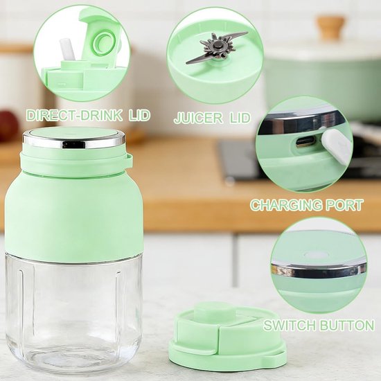 Mixer smoothiemaker, mixer to go 1200 ml, oplaadbare blender blender fles met 38 messen, beker met lekvrij deksel, voor milkshake, sap (lichtgroen)
