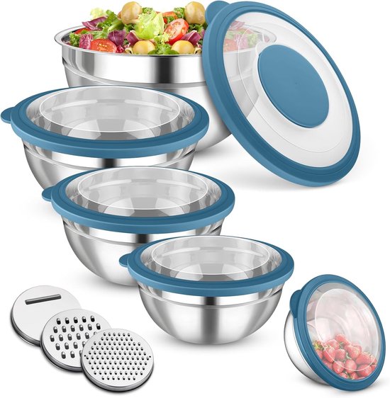 Mixkom set met deksel en raspaccessoires - 5-delige blauwe keukenmixkom voor bakken en koken