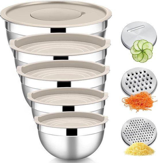 Mixkom set van 5 delen met 3 raspaccessoires - Ideaal voor koken en bakken in stijl