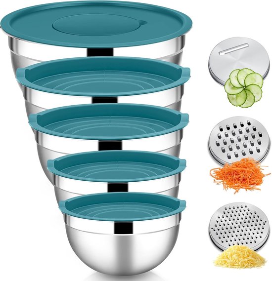 Mixkom Set van 5 Stukken met 3 Raspaccessoires - Ideaal voor Keuken, Bakken en Koken