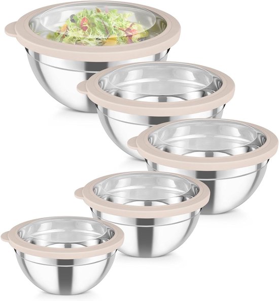 Mixkom Set van 5 Stuks met Transparant Deksel - Ideaal voor Koken, Bakken en Voorbereiden
