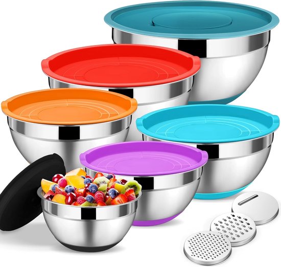 Mixkommen set van 6 met 3 verschillende raspaccessoires in kleurrijk design voor keuken gebruik van Merkloos