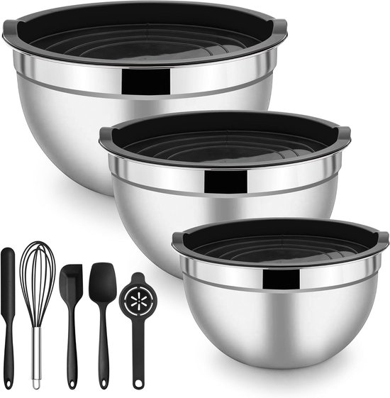 Mixkommen Set van RVS, 3 Stuks met Luchtdichte Deksel + 5 Bakaccessoires, Ideaal voor Koken, Bakken en Opslaan, Stapelbaar, 1.2L/2.7L/4.5L, Zwart, 8 Stuks van Merkloos