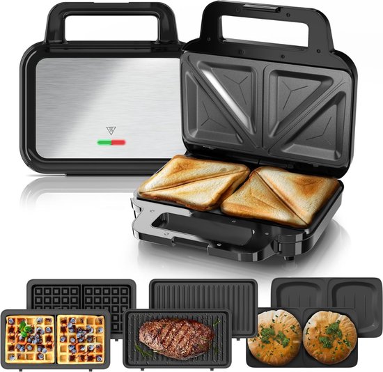 MKSS® Wafelijzer met Verwisselbare Platen - Contact Grill - Tosti Apparaat - Zwart