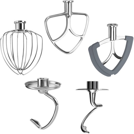 MMOBIEL 5-Delige Accessoireset voor KitchenAid 4,5-5 Quart Tilt-Head Stand Mixers Artisan & Classic Series - K45 6-Draads Garde, Platte Mixer, Flex Edge Klopper, Spiralen Deeghaak & Deeghaak - RVS van MMOBIEL