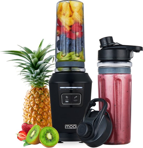 MOA Mini Blender - Blender to Go - Smoothie Maker - 2 To-Go Bekers 600 ml - 800W - Zwart van MOA