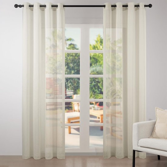 Moderne Semi-Transparante Voile Gordijnen met Oogjes voor Kinderkamer, Set van 2, 225 x 140 cm, Beige, Luxe Linnen Look, Raamdecoratie, Lichtdoorlatend van Merkloos