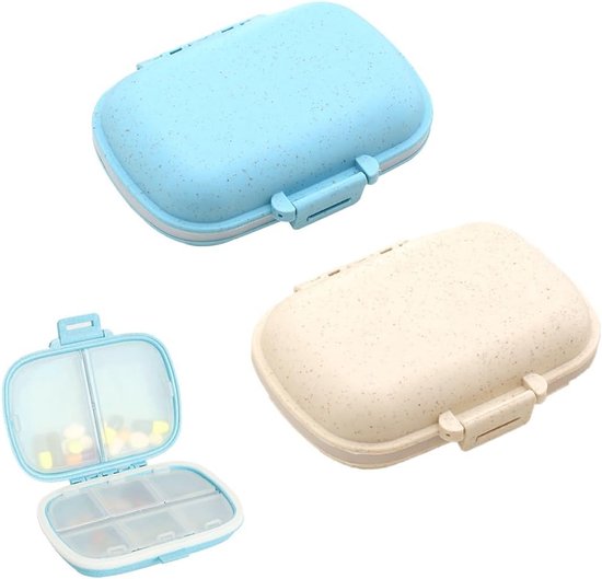 Moisturebestendige pillendoos van eco-vriendelijk tarwestro, 2-pack met 7 dagen en 8 vakken, compacte en draagbare medicijnoplossing voor onderweg en reizen van Merkloos