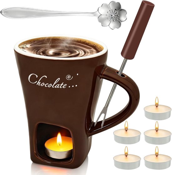 Mok voor Chocoladefondue - Wit - 200 ml - Keramische Fondue Set met Vork en Theelichtjes - Voor 1-2 Personen