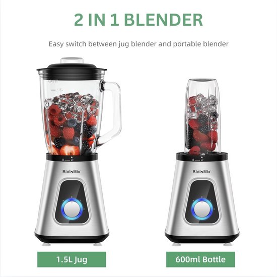 Molain 2in1 Smoothie Blender - Glazen kan - To go - 1,5L - 1300W - 600ml beker - 6 en 4-messig snijsysteem - Zelfreinigingsfunctie van Molain