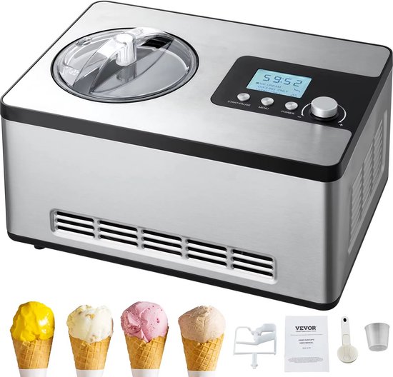 Molain Ijsmachine - Yoghurtmaker - Ingebouwde compressor - Binnen 1 uur ijs - 3 Modi - 2QT - 180W van Merkloos