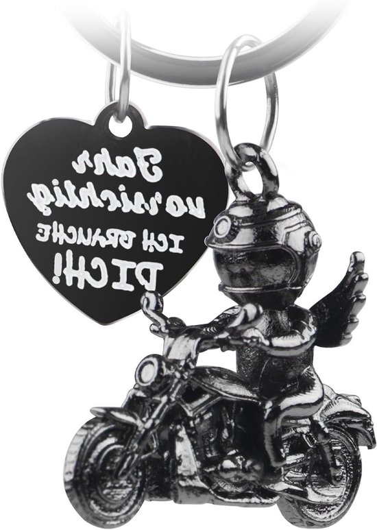 Motorfiets Sleutelhanger met Engeltje en Gravure | Veilig Rijden, Geluksbrenger en Cadeau voor Motorrijders, Zwart en Zilver, M