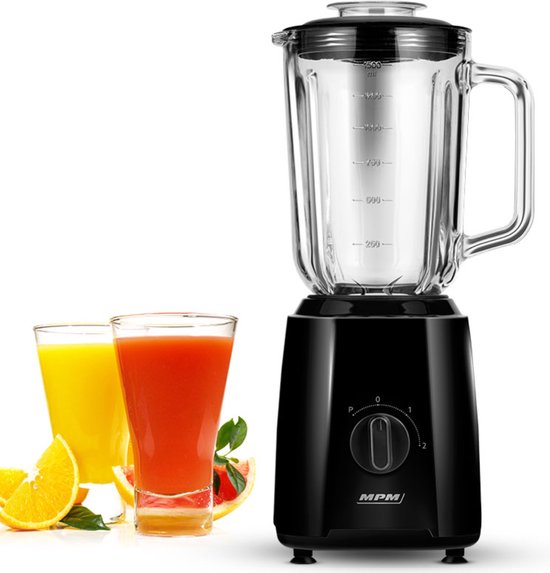 MPM Blender met Glazen Kan 1,5 Liter en RVS Messen - 2 Snelheden + Puls-functie - Ijsmaler - 750W - Zwart van MPM