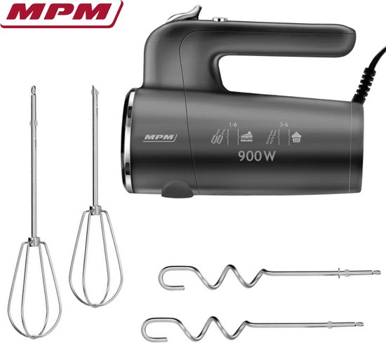 MPM Handmixer met 2 Kloppers en 2 Deeghaken - 6 Snelheden met Turbofunctie - KRACHTIG met 900W - Antraciet van Merkloos