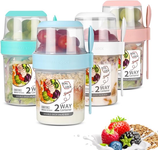 Mueslibekers To Go Set - Dubbellaags, Lekvrije Yoghurtbekers met Lepel (310 ml + 760 ml)