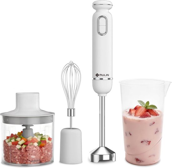 MULIN 4-in-1 hand blender, 600W with adjustable speed and splash guard, whisk, cup and chopper, ideal for soups - ShopVlot