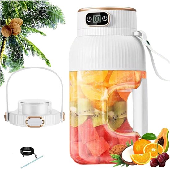 Multifunctionele draagbare sapcentrifuge met digitaal display, smoothieblender voor onderweg, oplaadbare blender met grote capaciteit voor shakes, smoothies, fruit en groenten (wit)
