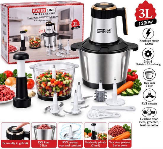 Multifunctionele Hakmolen 2-in-1 -3L-1200W-Elektrisch & Handmatig RVS van SWISS LINE