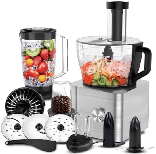 Multifunctionele Keukenmachine 1100W met 3,2L Mengkom, Blender, Hakmolen, Deegkneden, Citruspers en Garde - Zilver van Fritel