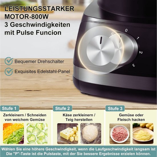 Multifunctionele Keukenmachine - 800W - 2L - 6-in-1 Keukenrobot - Voedselprocessor Met Hakmolen - Kneedhaak - Mixer - 3 Snelheden van Klaus.