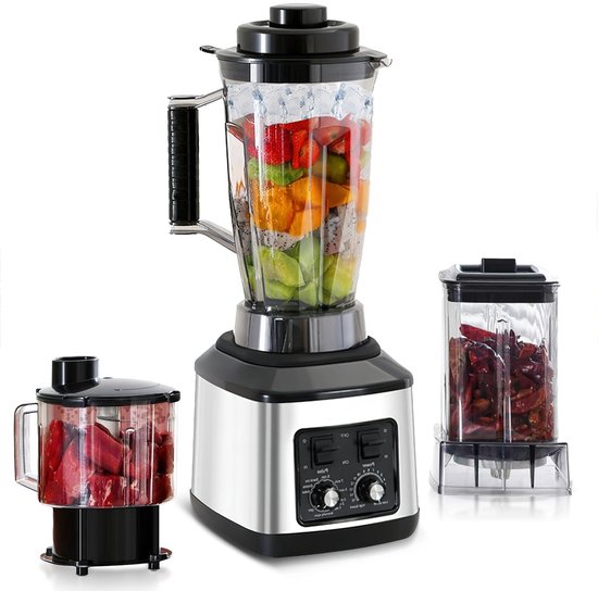Multifunctionele Keukenmachine – Blender – Food Processor – Sapmaker – IJscrusher – Grote Inhoud 3L+1,5L+0,5L – Krachtige 9500W Motor – Stille Frequentie Technologie van Merkloos
