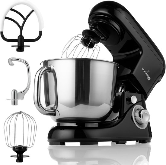 Multifunctionele Keukenmachine met Rvs Kom - 5L, 2200W, 6 Snelheden, Spatdeksel, Deeghaak en Garde (Zwart) van Merkloos