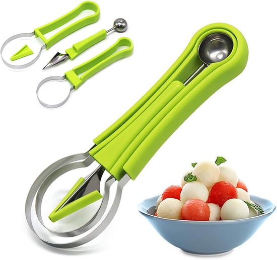 Multifunctionele meloensnijder – Meloenbolletjesmaker – 4-in-1 fruitvormgereedschap – Fruitsnijder & ontkerner – Ideaal voor het vormgeven van fruit van Merkloos